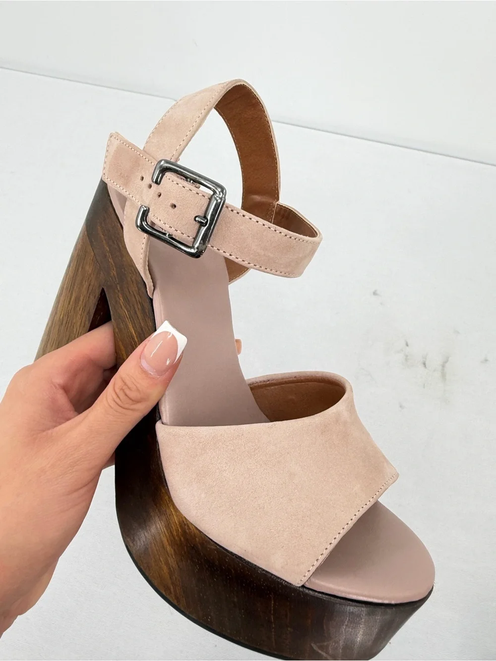 Leather Wood Platform Block Heel Sandals Nude 6.5 resort boho eurosummer coastal